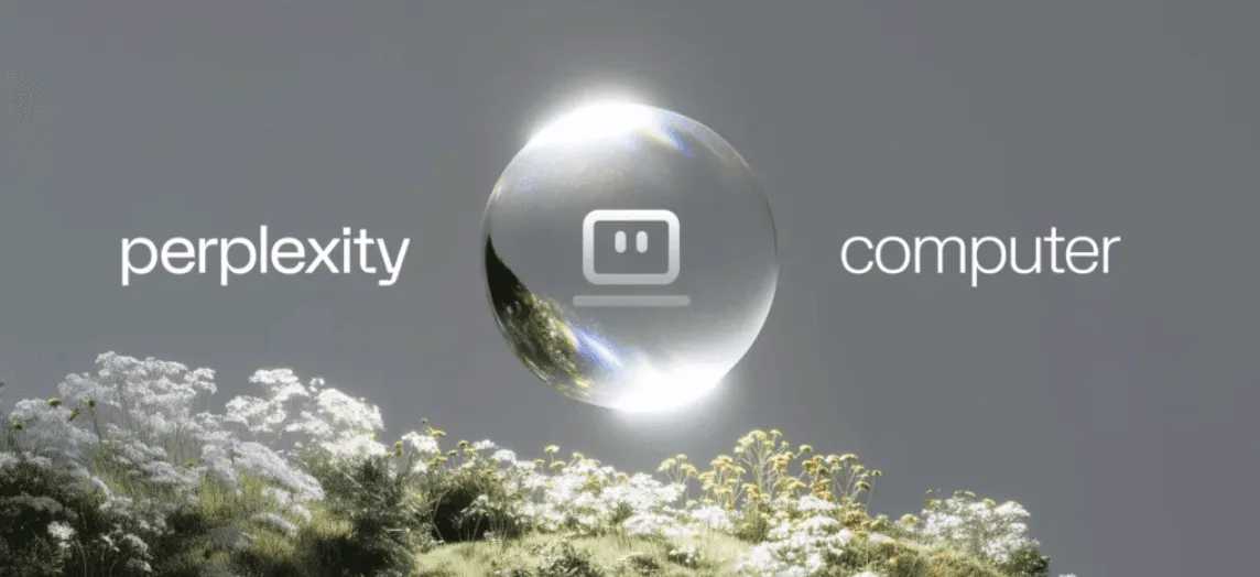 Visuel officiel de présentation de Perplexity Computer, illustrant une sphère en verre texturée au-dessus d'un champ de fleurs sauvages sur fond gris.