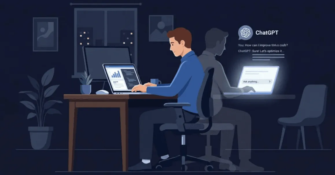 Illustration du phénomène de Shadow AI en entreprise : un employé travaille à son bureau pendant que son ombre utilise secrètement ChatGPT en arrière-plan.