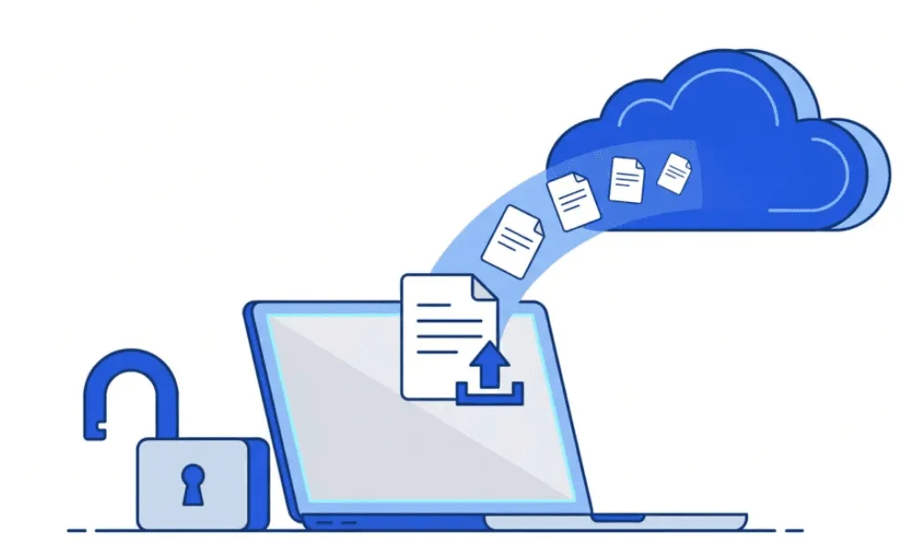 Illustration conceptuelle d'un transfert de données non sécurisé vers le cloud, représenté par un ordinateur portable envoyant des fichiers et un cadenas ouvert.