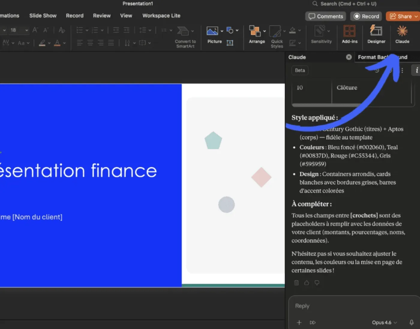 Interface de Microsoft PowerPoint avec la barre latérale active de l'add-in officiel Claude, montrant la génération de slides à partir d'un template d'entreprise.