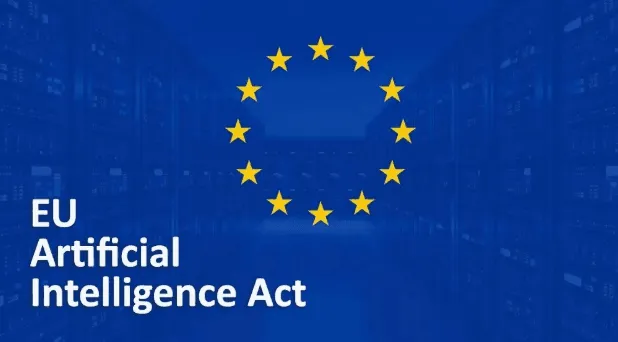 Drapeau de l'Union européenne et texte EU Artificial Intelligence Act sur fond de serveurs informatiques bleus