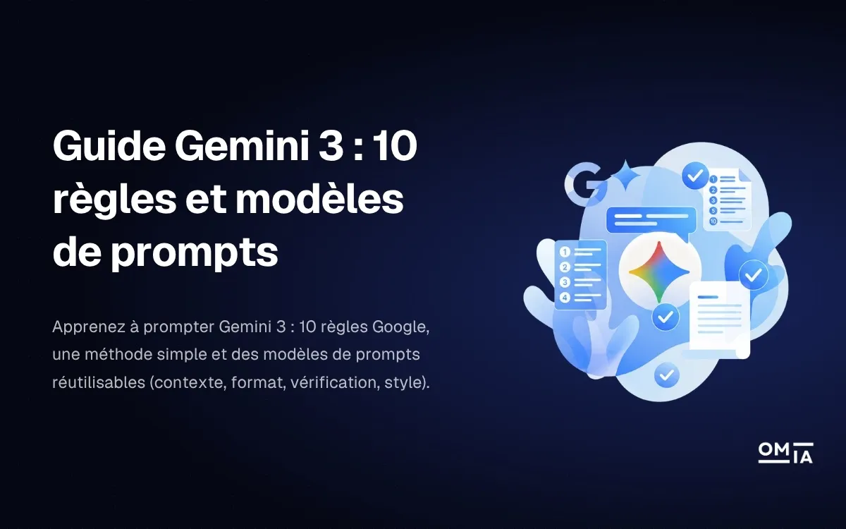 Visuel d'en-tête OMIA pour l'article 'Guide Gemini 3 : 10 règles et modèles de prompts' mettant en avant le logo de Google Gemini et des icônes de méthodologie.