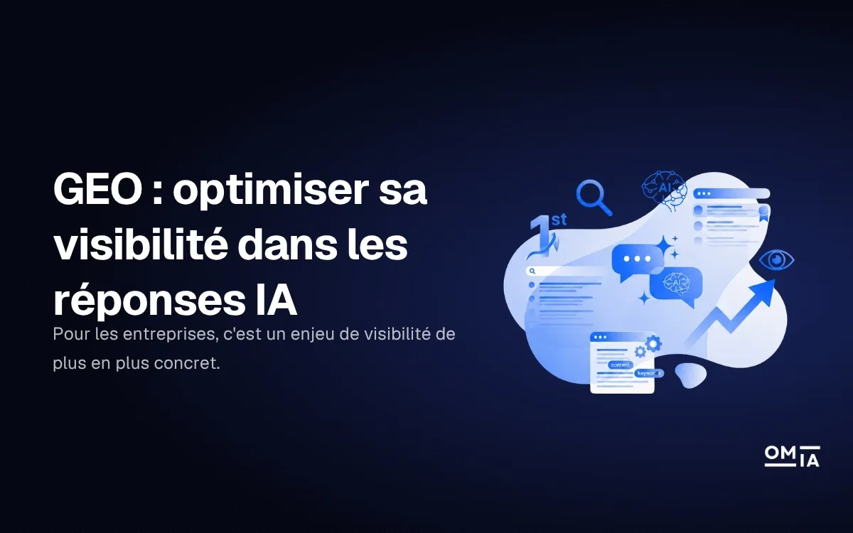Visuel d'en-tête OMIA pour l'article 'GEO : optimiser sa visibilité dans les réponses IA', illustrant le concept de Generative Engine Optimization pour les entreprises.