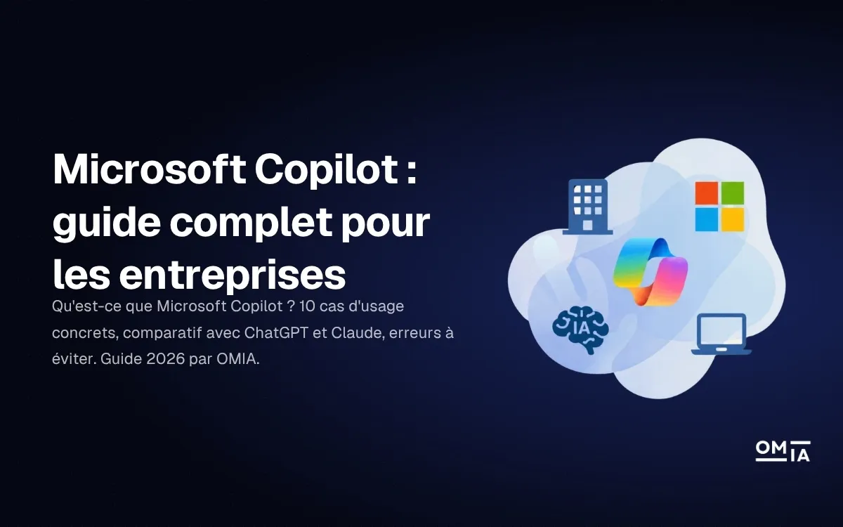Visuel d'en-tête OMIA pour le 'Guide complet Microsoft Copilot pour les entreprises', illustrant l'intégration de l'IA dans l'environnement Microsoft 365.