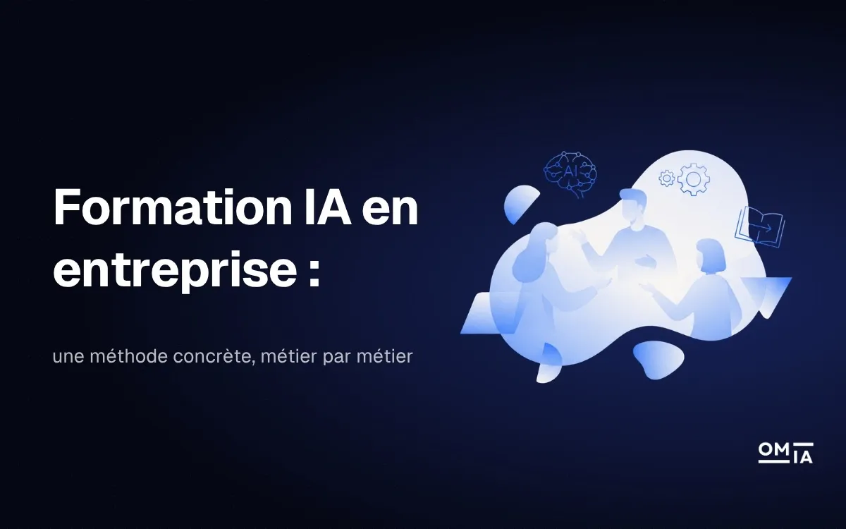 Visuel d'illustration OMIA portant le titre 'Formation IA en entreprise : une méthode concrète, métier par métier' avec un graphisme moderne sur fond bleu nuit.