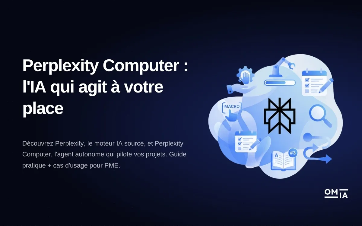Visuel d'en-tête OMIA pour l'article 'Perplexity Computer : l'IA qui agit à votre place', illustrant le fonctionnement de l'IA agentique et des agents autonomes pour les PME.