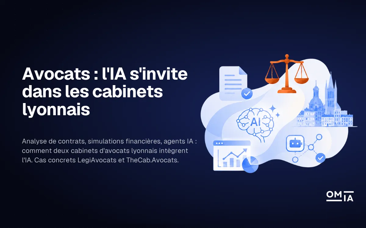 Couverture de l'article OMIA : Avocats, l'IA s'invite dans les cabinets lyonnais. Illustration montrant une balance de justice, un cerveau artificiel et la silhouette de Fourvière, illustrant l'analyse de contrats et les agents IA dans le milieu juridique."