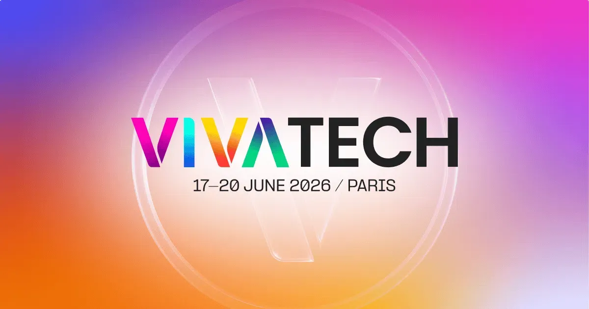 Logo officiel de l'événement VivaTech 2026, programmé du 17 au 20 juin 2026 à Paris, affiché sur un fond lumineux aux dégradés violet, rose et orange