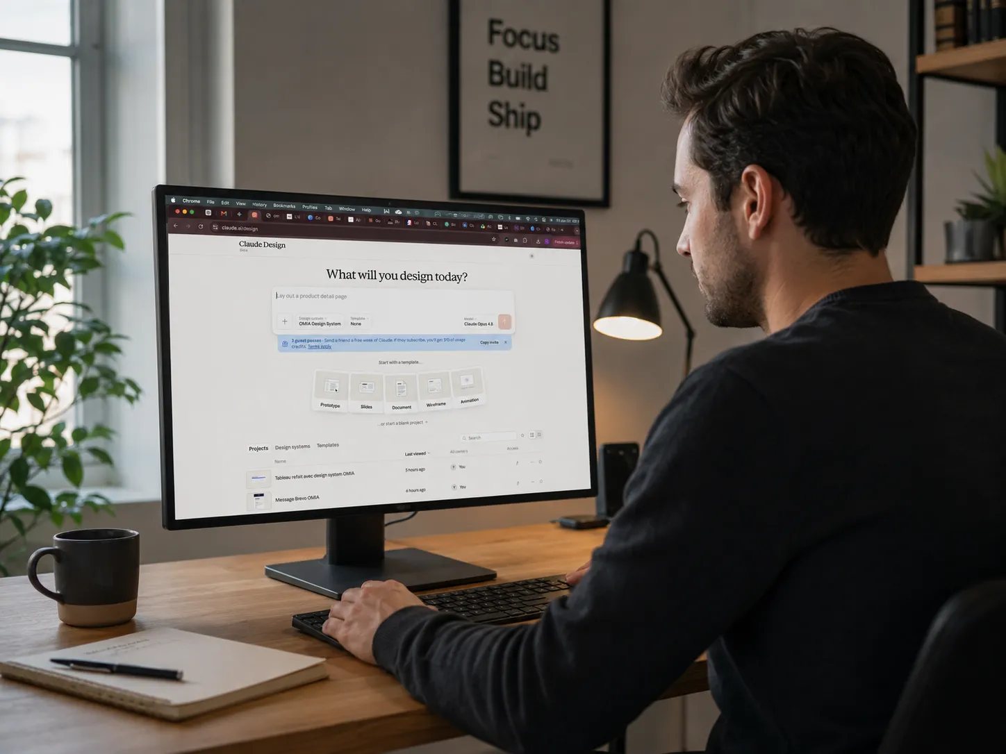 Homme assis à un bureau moderne, travaillant sur un ordinateur affichant l’interface Claude Design, dans un espace de travail lumineux avec clavier, tasse, carnet, plante et lampe de bureau.