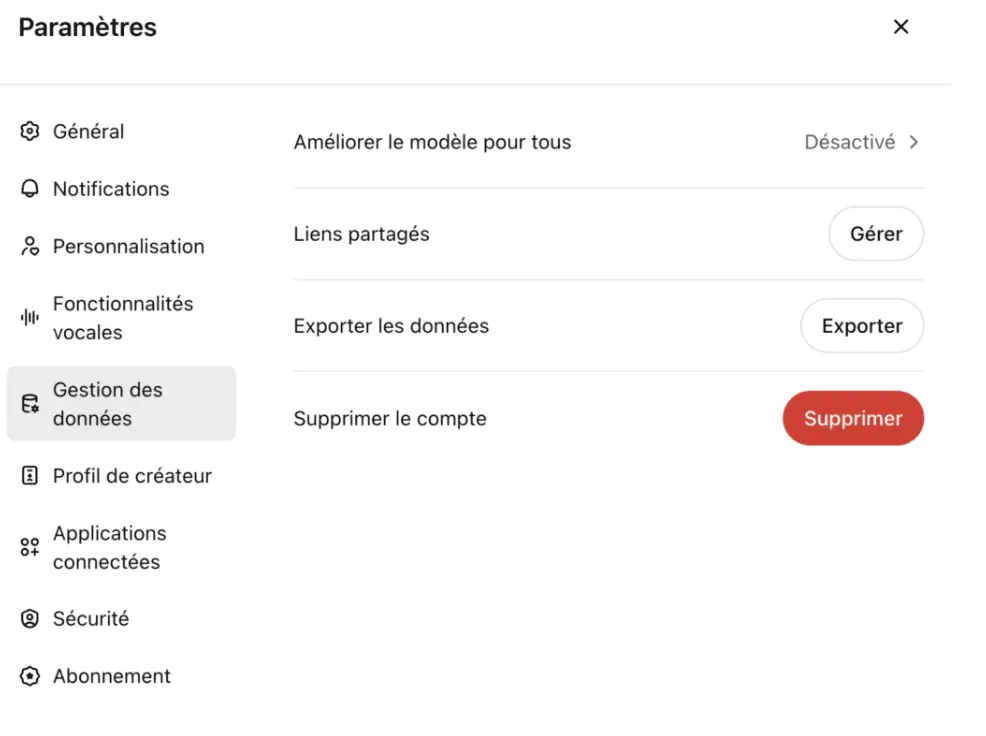 Paramètres de gestion des données dans ChatGPT permettant de contrôler l’utilisation, l’export et la suppression des données